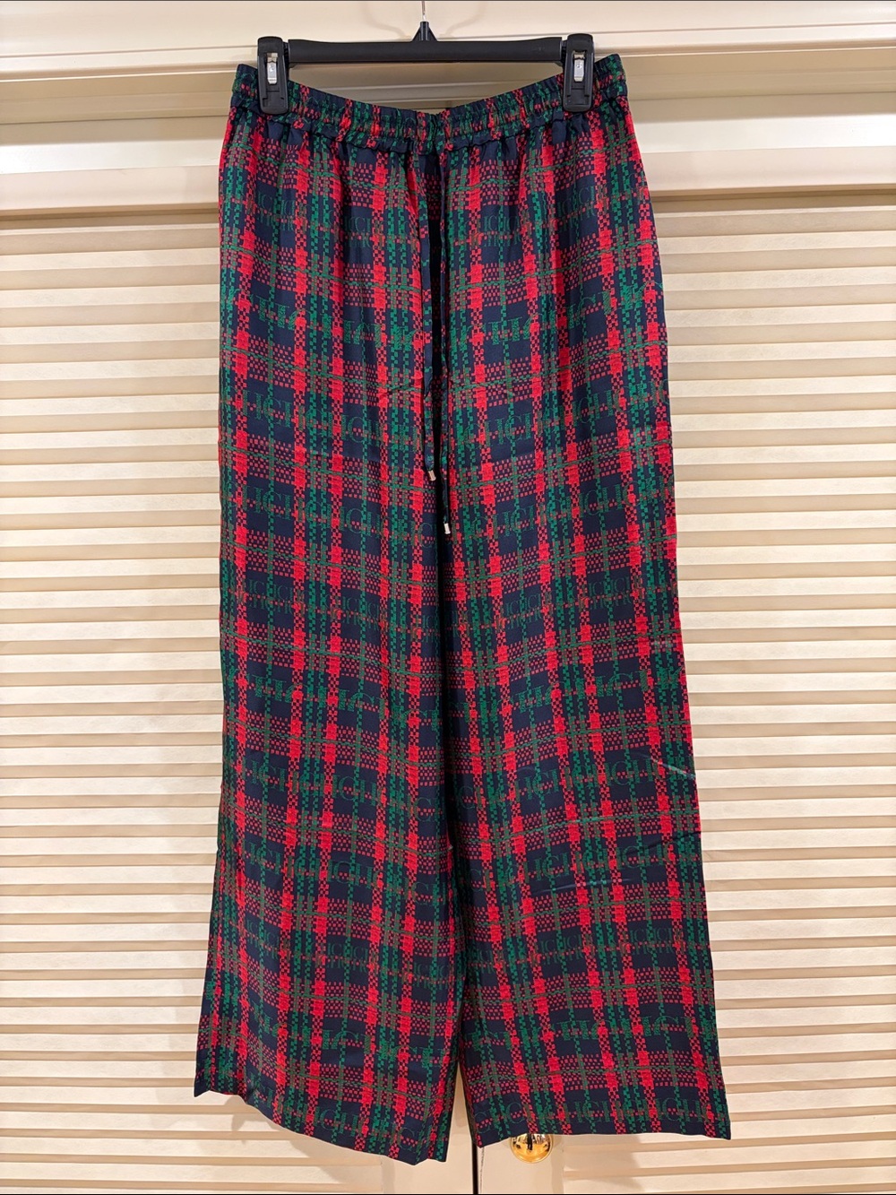 NWOT CH Carolina Herrera Navy Red and Green Plaid Wide Leg Silk Pants, Size S